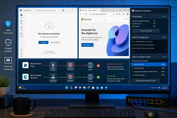 Windows diagnostics show a VPN blocking Microsoft Store internet access while Microsoft Edge connects normally.
