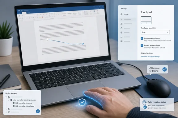 Laptop touchpad settings show low sensitivity and active palm rejection while a USB mouse is connected.