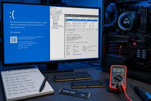 A Windows blue screen shows a WHEA_UNCORRECTABLE_ERROR beside a PC, components, and diagnostic tools.