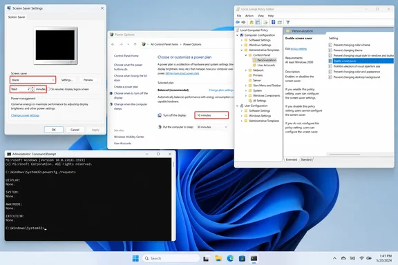 Windows 11 desktop showing screensaver, power, group policy, and command prompt settings.