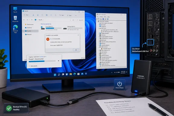 Windows PC shows a disconnected external backup drive error alongside USB drives and troubleshooting instructions.