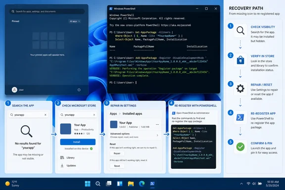 Windows recovery guide showing app search, Store verification, repair settings, and PowerShell re-registration steps.