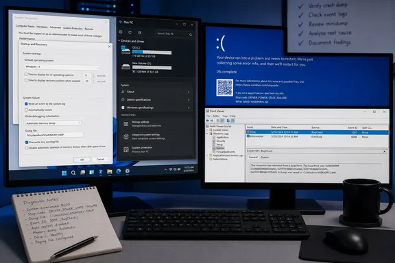 Windows 11 crash diagnostics show a blue screen, Event Viewer, memory dump settings, and troubleshooting notes.