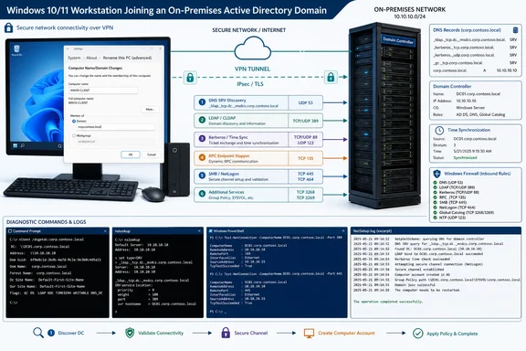 Diagram illustrating a Windows 10/11 workstation joining an on-premises Active Directory domain via VPN.