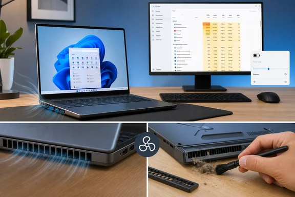 Laptop cooling is illustrated with a task manager display, airflow vents, and dust being cleaned from the underside.