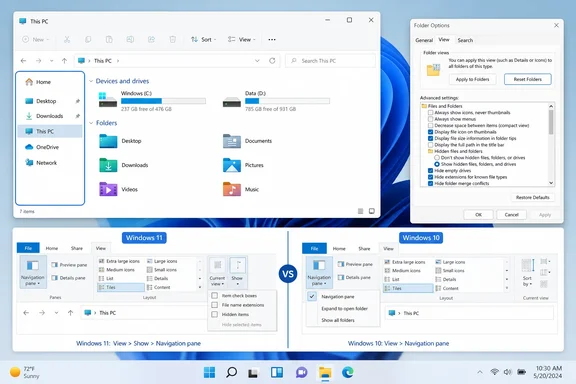 Windows 11 File Explorer and Folder Options are shown alongside a Windows 10 navigation pane comparison.
