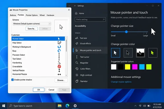 Windows Mouse Properties and Accessibility settings show options for changing pointer size, color, and schemes.