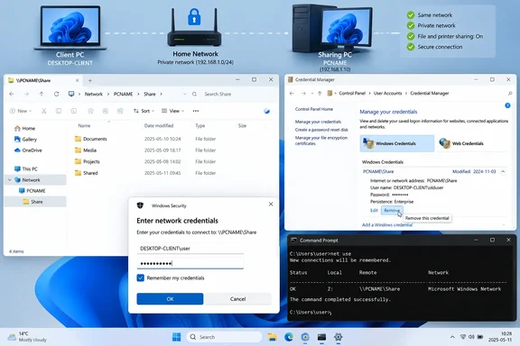 Windows PC network sharing shows credential entry, saved credentials, and a successfully mapped shared drive.