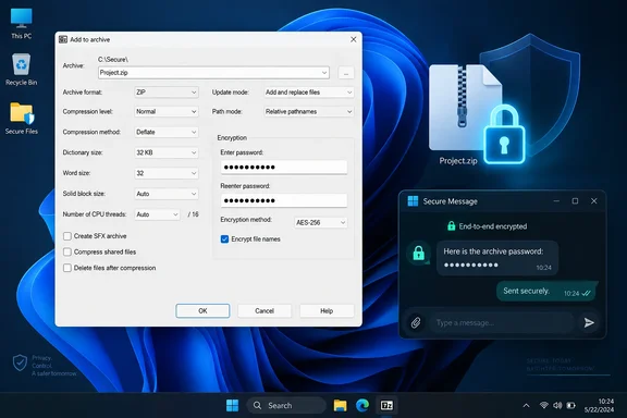 Windows desktop showing a password-protected AES-256 ZIP archive and secure message sharing its password.