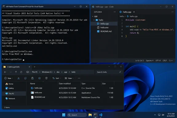 Windows desktop showing C++ code in VS Code, compiled and run successfully in a command prompt.