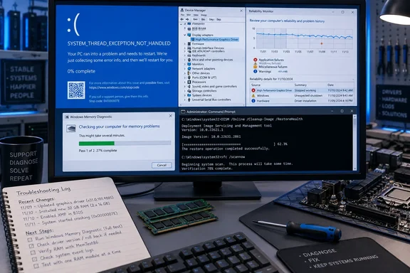 A computer troubleshooting workstation shows a Windows crash, diagnostics, RAM modules, and repair tools.