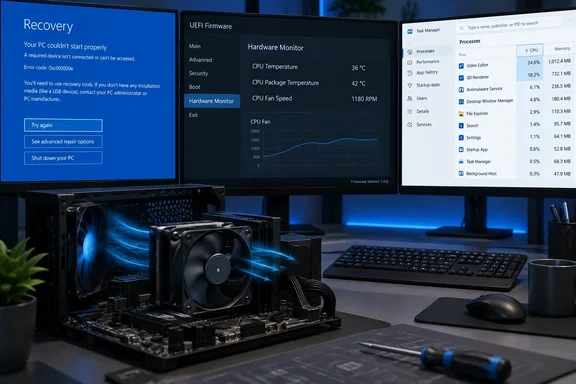 An open desktop PC sits beneath monitors showing recovery, UEFI hardware monitoring, and Task Manager screens.