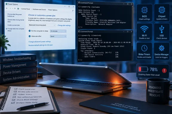 Laptop power troubleshooting setup showing Windows settings, diagnostic command prompts, and battery-drain warnings.