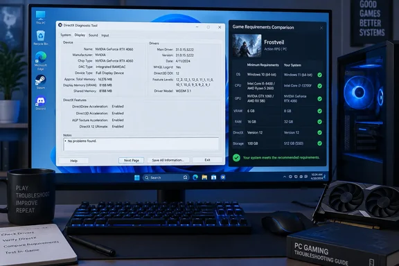 A gaming PC shows DirectX diagnostics and Frostveil requirements, confirming the system meets recommended specs.