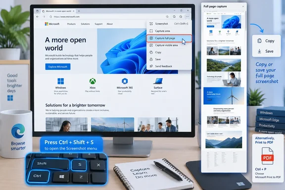 Microsoft Edge’s screenshot menu highlights full-page capture, with options to copy, save, or print to PDF.