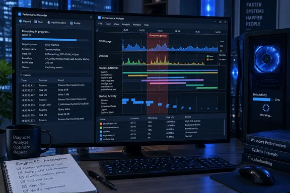 A monitor displays Windows performance analysis, highlighting a slowdown period and high disk activity.