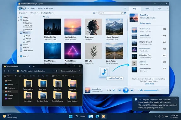Windows Media Player displays a music library and playlist alongside a file explorer window.