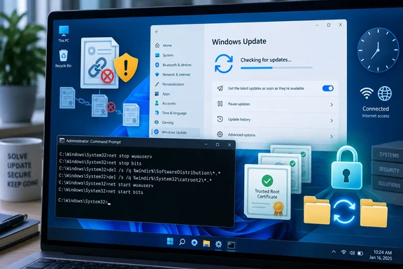 Windows Update runs alongside an Administrator Command Prompt showing reset commands for update services and caches.
