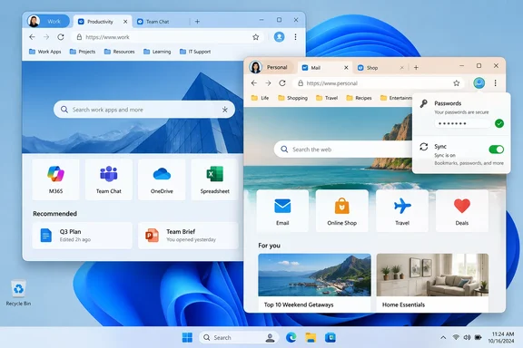 Windows desktop illustration with work and personal browser windows, app tiles, search bars, and a password sync panel.