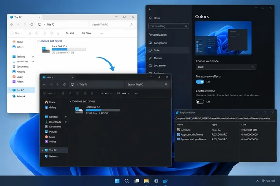 Windows 11 desktop showing light and dark File Explorer, Colors settings, and Registry Editor windows.