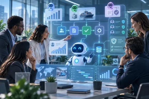 A business team reviews AI-powered workflow, analytics, logistics, and security dashboards with a friendly robot assistant. A business team reviews AI-powered workflow, analytics, logistics, and security dashboards with a friendly robot assistant.