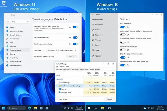Windows 11 date settings and Windows 10 taskbar settings appear alongside Task Manager.