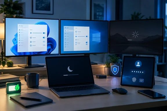 A modern multi-device workspace displays Windows settings, dark mode, security, and login screens.