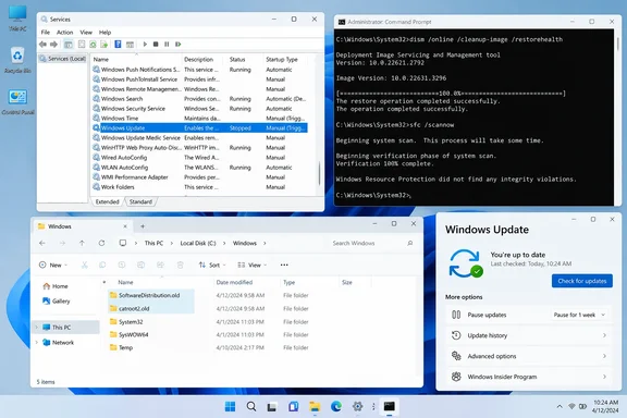 Windows desktop shows Services, Command Prompt, File Explorer, and Windows Update windows.