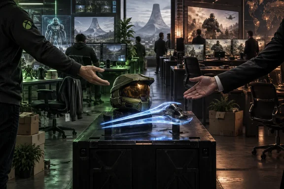 A futuristic gaming studio showcases a sci-fi helmet and glowing energy sword amid battle-themed monitors. A futuristic gaming studio showcases a sci-fi helmet and glowing energy sword amid battle-themed monitors.