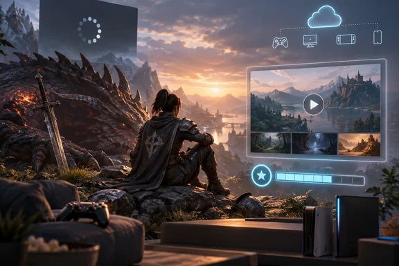 A gamer sits before a console setup as a fantasy warrior rests at sunset, with streaming and cloud gaming interface graphics. A gamer sits before a console setup as a fantasy warrior rests at sunset, with streaming and cloud gaming interface graphics.