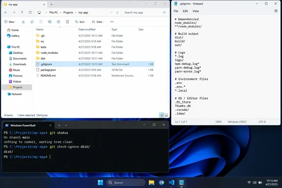 A Windows desktop shows a project’s [ICODE].gitignore[/ICODE] open beside File Explorer and PowerShell verifying that [ICODE]dist/[/ICODE] is ignored by Git.