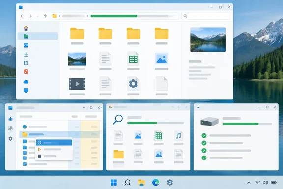 A desktop displays several file management and system utility windows over a mountain lake wallpaper.