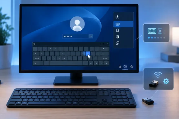 A monitor shows a sign-in screen with an on-screen keyboard and accessibility controls beside a physical keyboard.