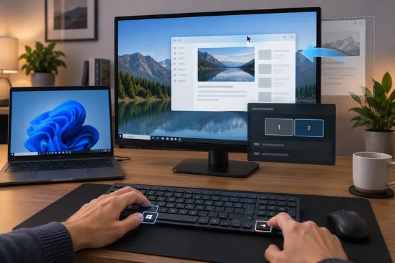 Hands press Windows+Right Arrow to move a window between displays at a desktop workstation.