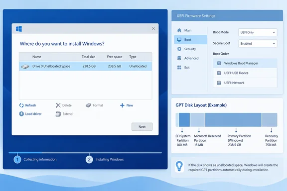 Windows installation screen shows 238.5 GB of unallocated disk space alongside UEFI boot settings and an example GPT partition layout.