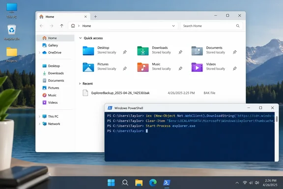 A Windows desktop shows File Explorer’s Home page behind a PowerShell window with commands to download a file and restart Explorer.