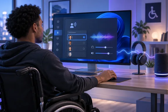 A wheelchair user adjusts voice settings on a computer, with headphones and a speaker nearby.