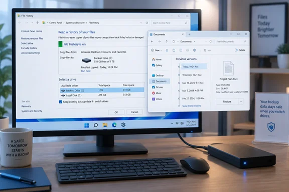 A Windows desktop shows File History backups enabled and previous versions of a document ready to restore.