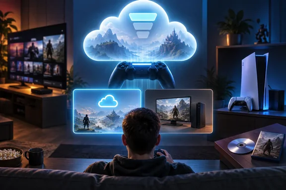 A gamer uses a controller as a glowing cloud-streaming service connects gameplay across multiple devices. A gamer uses a controller as a glowing cloud-streaming service connects gameplay across multiple devices.