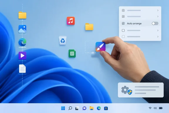 A hand drags an app icon across a Windows-style desktop beside layout settings.