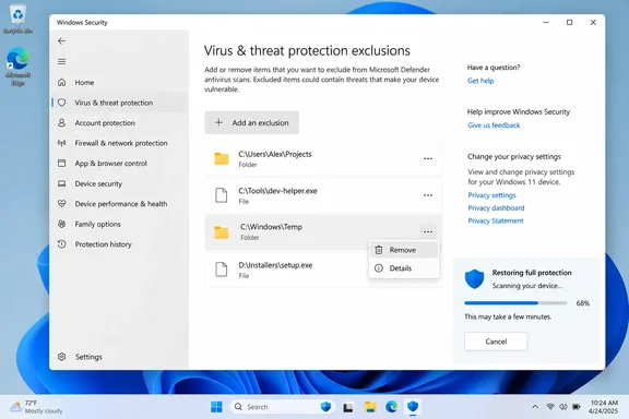 Windows Security displays Defender exclusion paths, with the menu open to remove the C:\Windows\Temp folder.