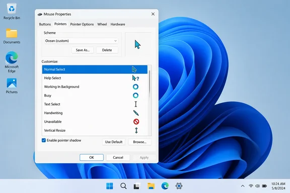Windows 11 Mouse Properties is open to the Pointers tab, showing the custom “Ocean” cursor scheme.