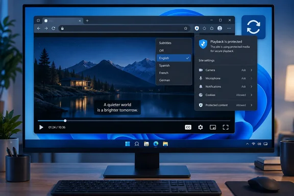 A desktop monitor displays a video player with English subtitles and a browser popup indicating protected media playback.