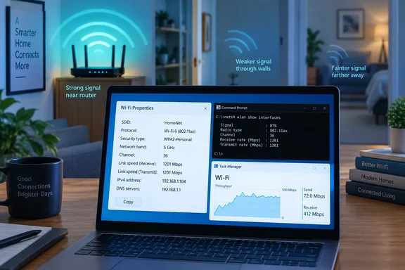 A laptop displays Wi-Fi connection stats beside a router, illustrating how signal strength fades through walls and with distance.