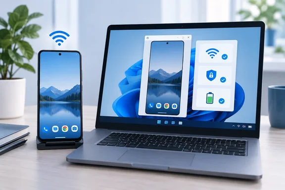 A smartphone beside a laptop displays phone-link settings with Wi-Fi, security, and battery checks.