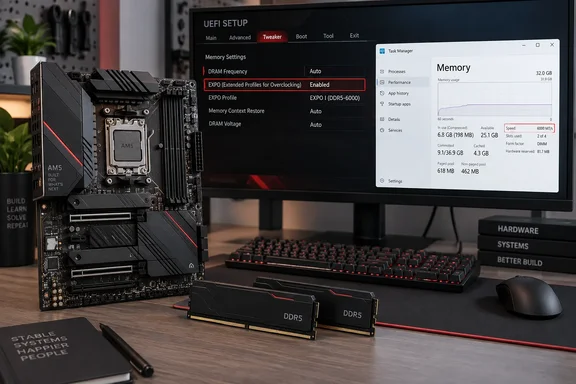 A PC-building setup shows a motherboard and DDR5 RAM, with EXPO enabled and memory running at 6000 MT/s.