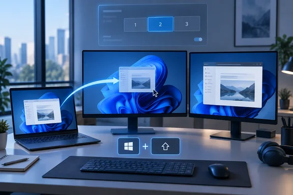 A laptop and dual-monitor workstation display a Windows window being moved between screens, with shortcut overlays.