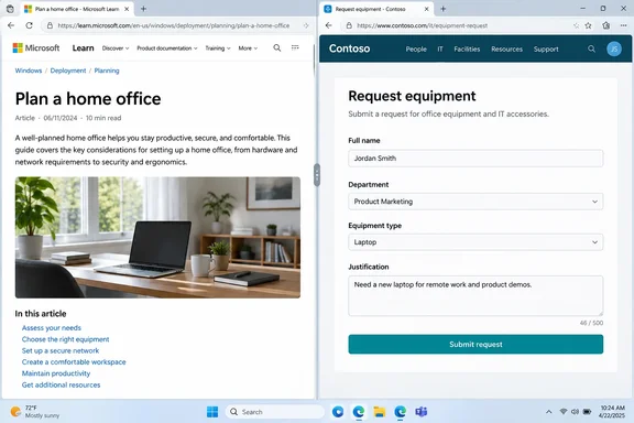 Two browser windows show a Microsoft Learn home office guide beside a completed Contoso laptop equipment request form.