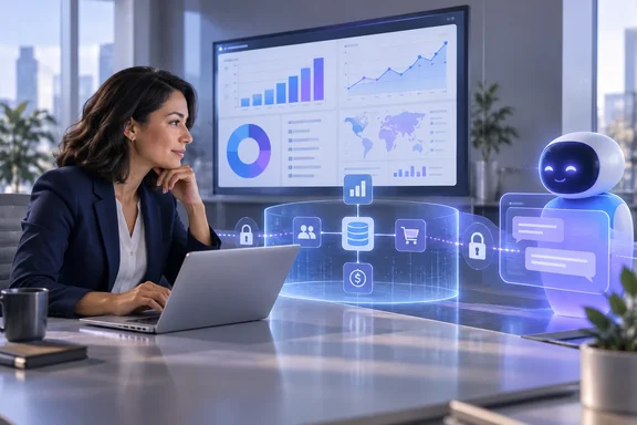 A businesswoman reviews analytics on a laptop beside a glowing AI assistant and digital dashboard.