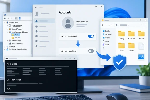 A Windows desktop illustration shows user account settings, command prompt, folders, and a security shield.